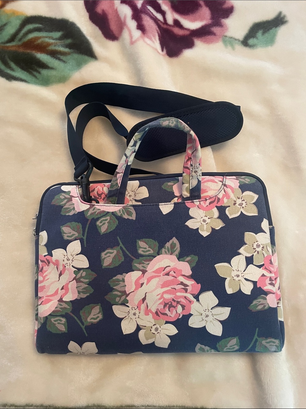 Floral Navy Laptop Tote Bag with Pink Rose Print